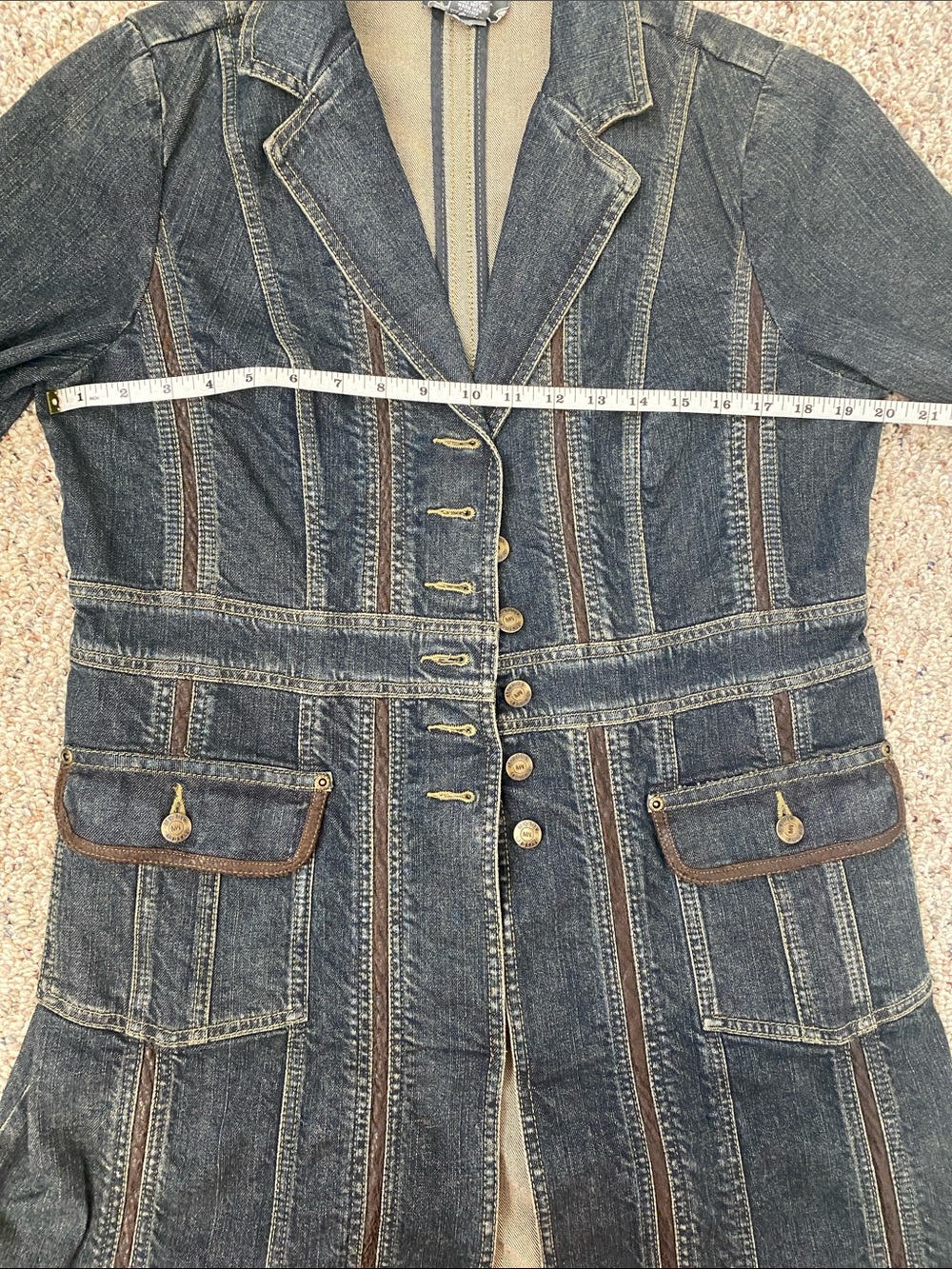 MOTTO Dark Blue Distressed Denim Blazer Jacket with Leather Trim Long Line - Picture 6 of 8